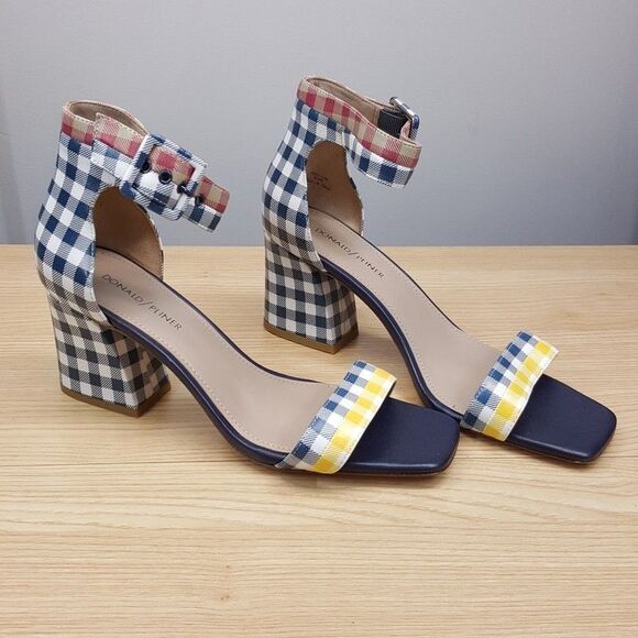 DONALD PLINER Heels Womens Size 9.5 Blue Gingham Ankle Strap Open Toe WATSON - Picture 4 of 9